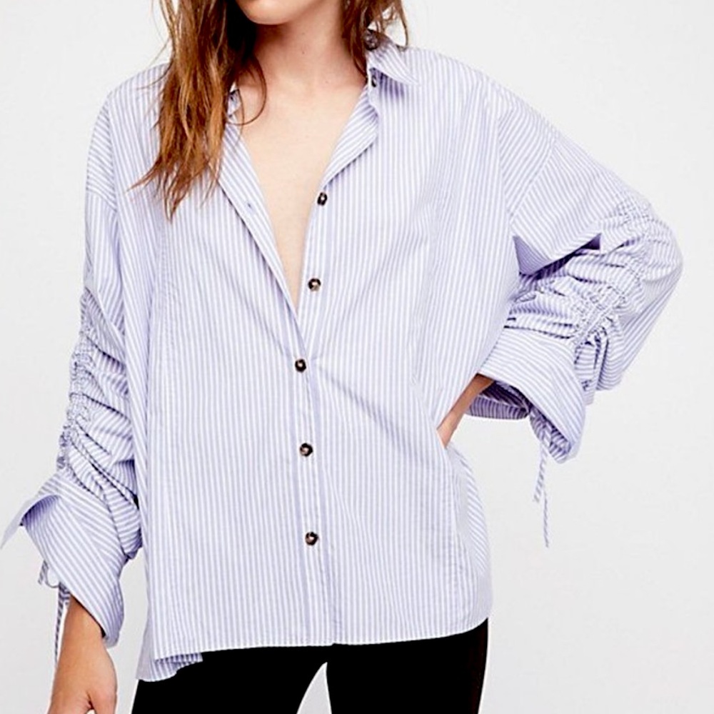 Free People Ruched Sleeve Blue Striped Collar Button Down Shirt